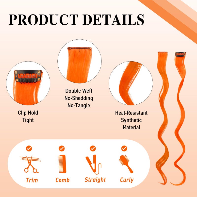 SOFEIYAN 10 Pcs Colored Hair Extensions Party Highlights Colorful Clip in Hair Extensions 17 Inch Curly Wavy Synthetic Hairpieces for Women Kids Girls Halloween Christmas Cosplay, 10Pcs Orange - Image 3